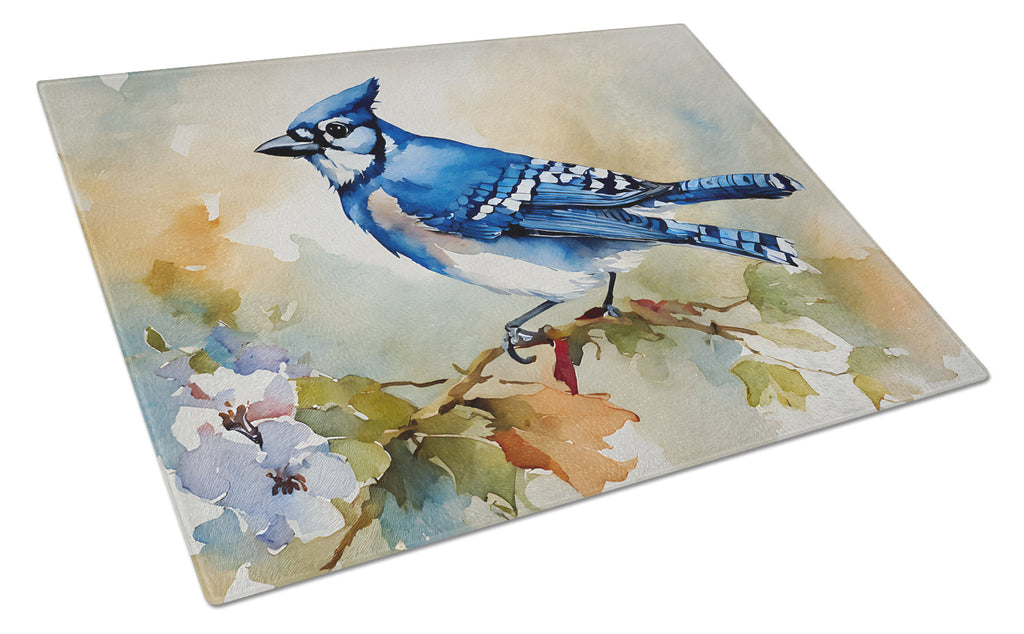 Blue Jay Wildlife Portrait Cutting Board Tempered Glass Kitchen Cutting Surface, Heat Resistant Chopping, Non-Slip Feet, Food Prep & Serving