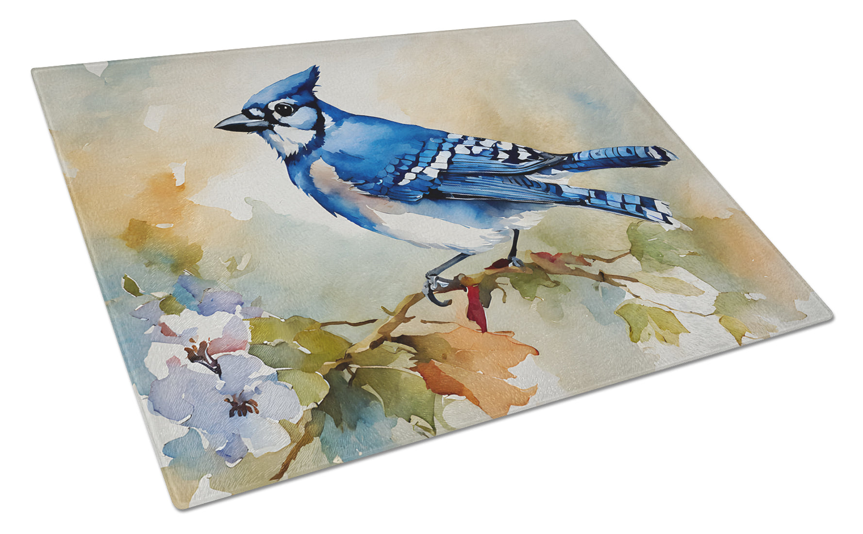 Blue Jay Wildlife Portrait Cutting Board Tempered Glass Kitchen Cutting Surface, Heat Resistant Chopping, Non-Slip Feet, Food Prep & Serving