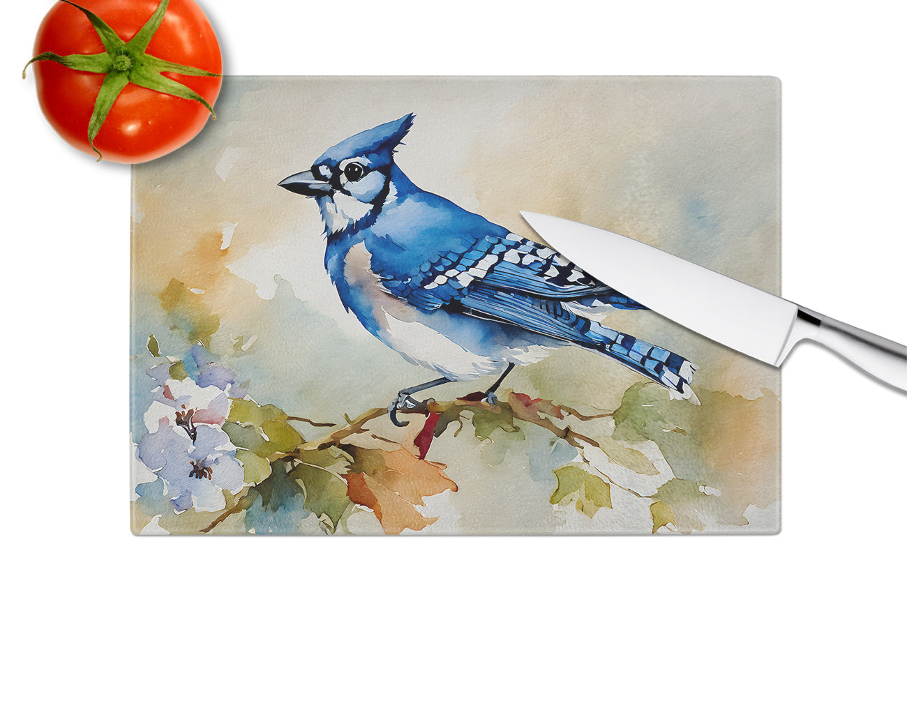 Blue Jay Wildlife Portrait Cutting Board Tempered Glass Kitchen Cutting Surface, Heat Resistant Chopping, Non-Slip Feet, Food Prep & Serving