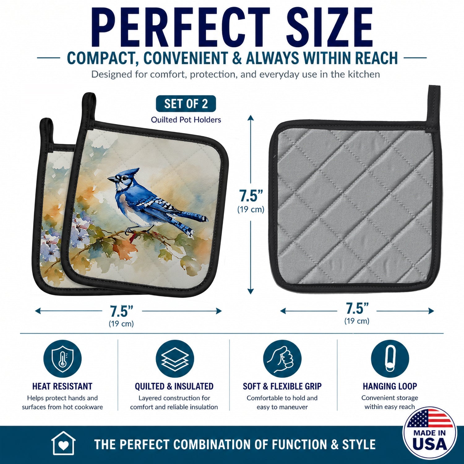 Blue Jay Wildlife Portrait Pot Holder Set of 2 Heat Resistant Quilted Hot Pads 7.5 x 7.5 Inch, Insulated Kitchen Trivets for Cooking & Baking