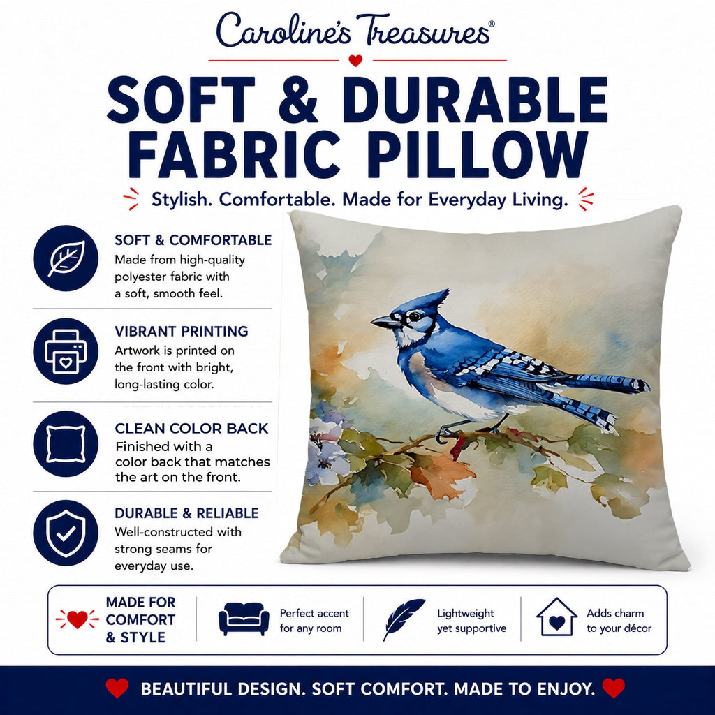 Blue Jay Wildlife Portrait Decorative Throw Pillow 14x14 Indoor Outdoor Accent Cushion, Fabric Cover with Insert for Sofa, Bed, Porch & Living Room
