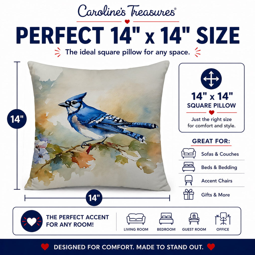 Blue Jay Wildlife Portrait Decorative Throw Pillow 14x14 Indoor Outdoor Accent Cushion, Fabric Cover with Insert for Sofa, Bed, Porch & Living Room