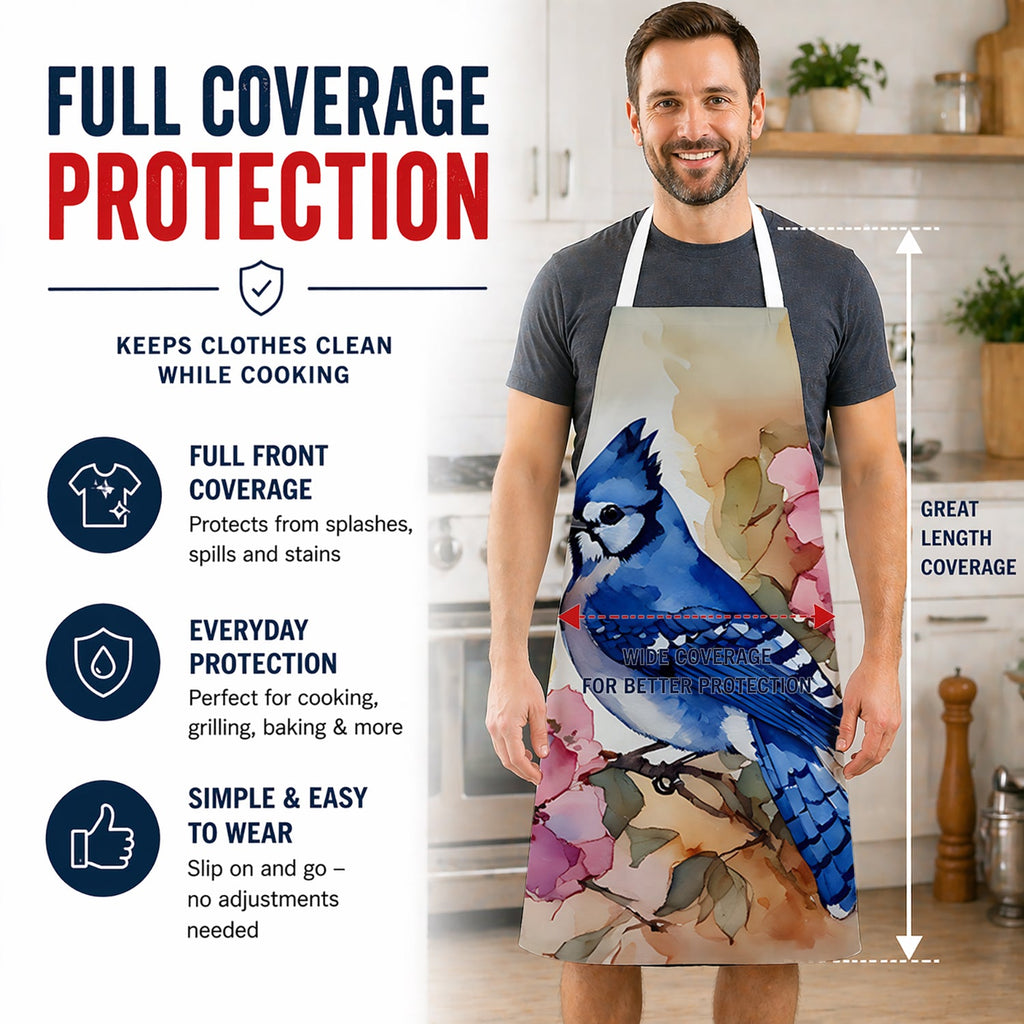 Blue Jay in Floral Apron Cooking Kitchen Server Baking Crafts Gardening for Adult Women Men, Unisex, Large, Multicolor