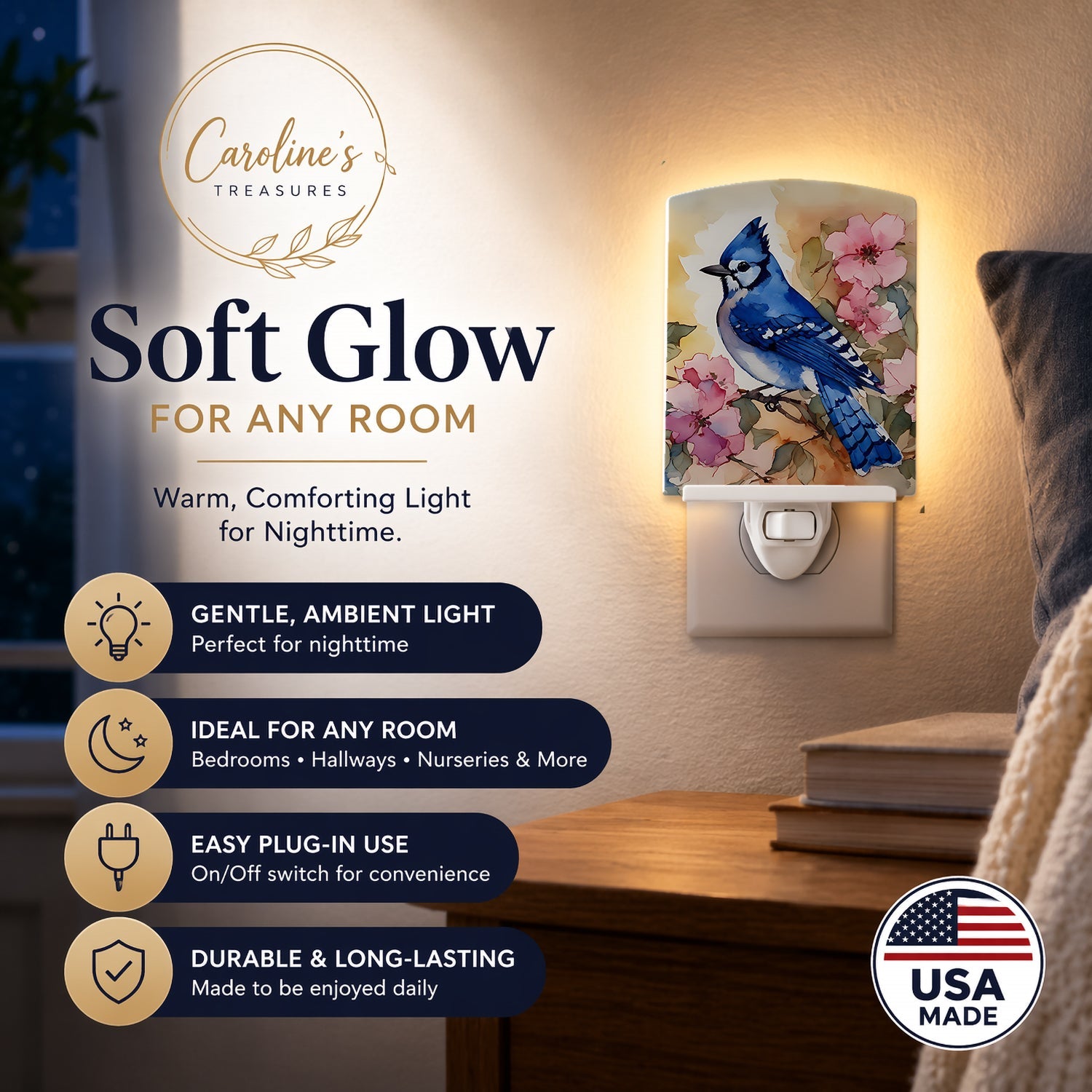 Blue Jay in Floral Ceramic Night Light Compact, UL-Certified, Ideal for Bedroom, Bathroom, Nursery, Hallway, Kitchen, 6x4x3, Multicolor