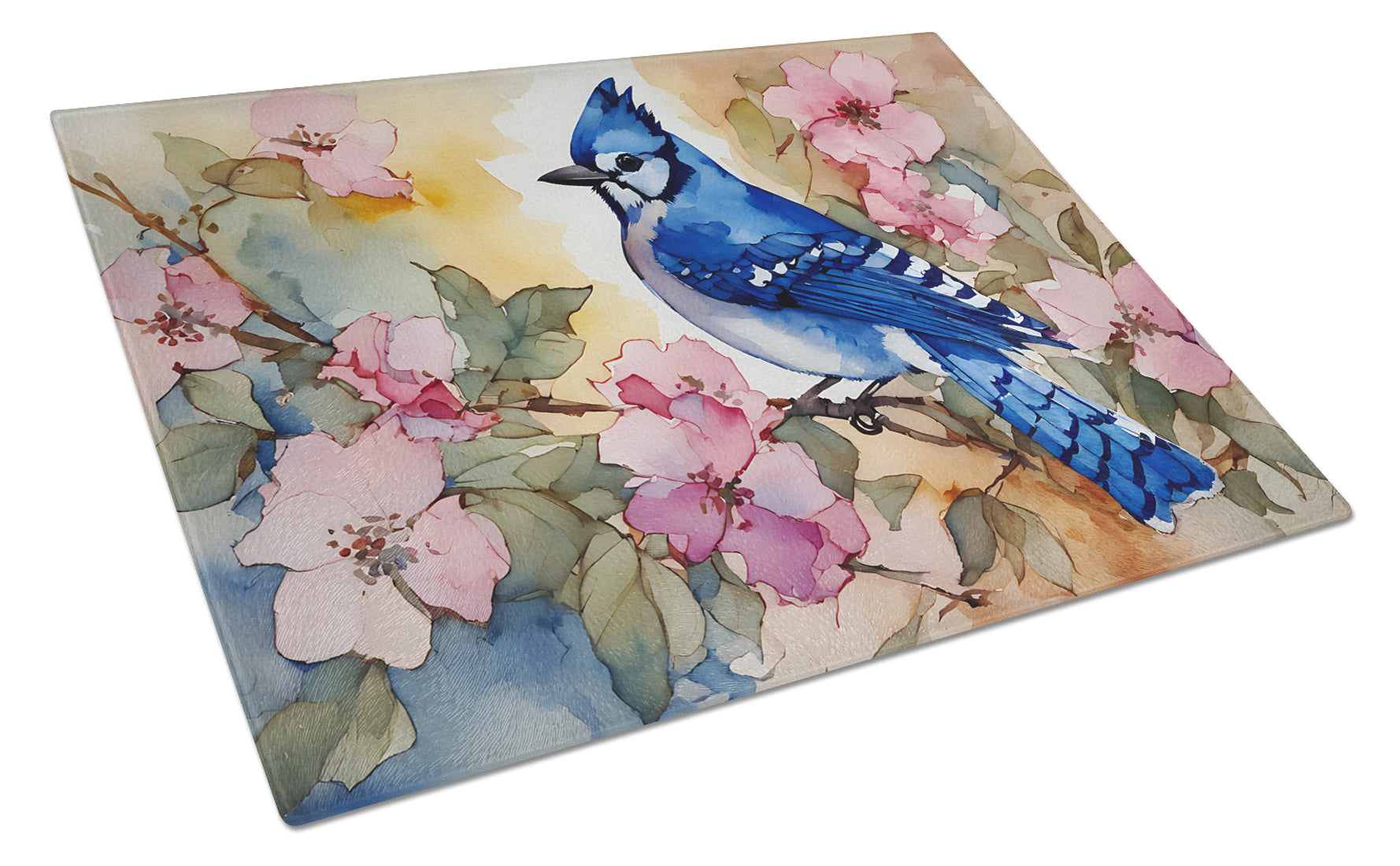 Blue Jay in Floral Cutting Board Tempered Glass Kitchen Cutting Surface, Heat Resistant Chopping, Non-Slip Feet, Food Prep & Serving