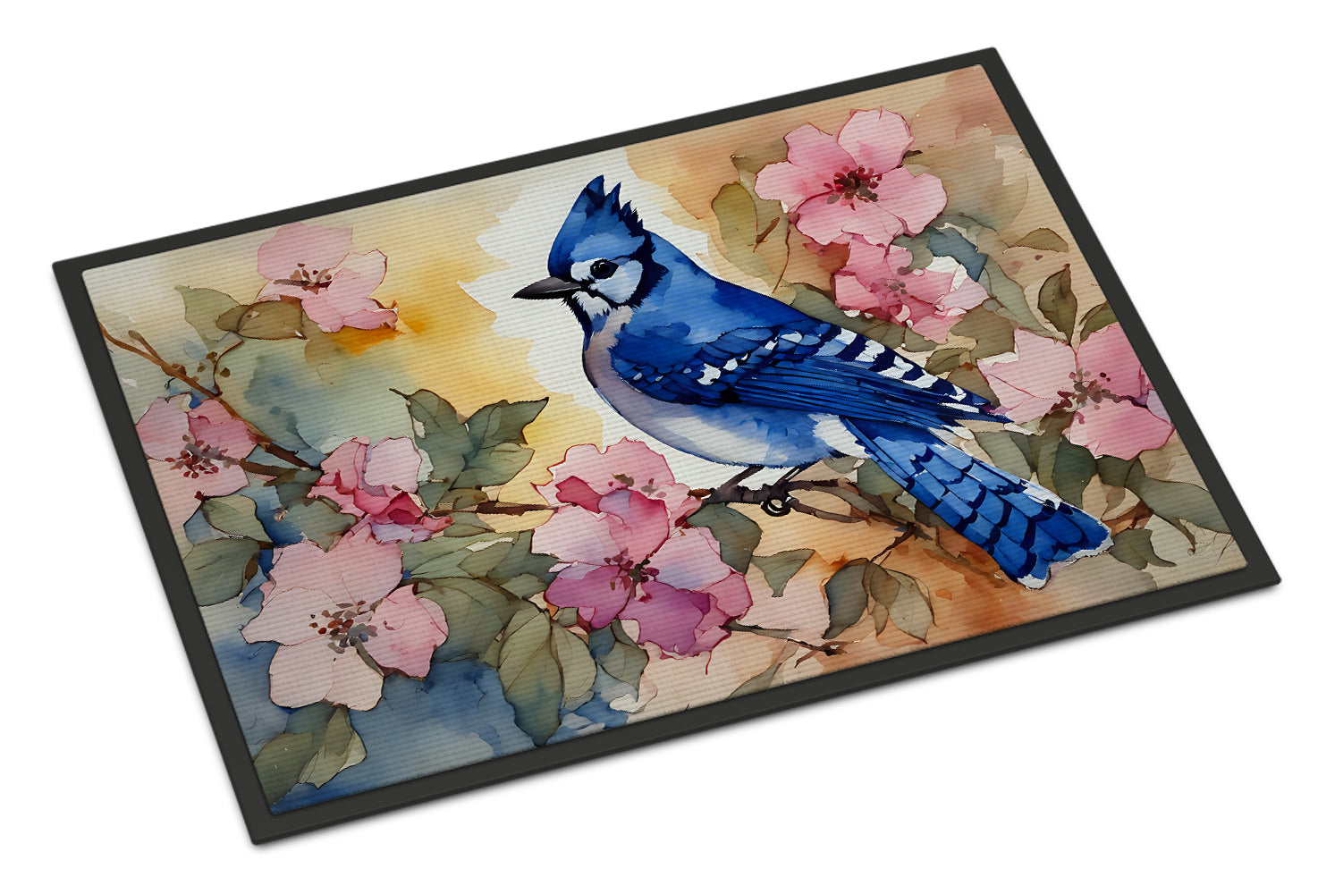 Blue Jay in Floral Doormat Indoor Outdoor 18H X 27W Front Door Mat Rugs for Entryway, Non Slip Washable