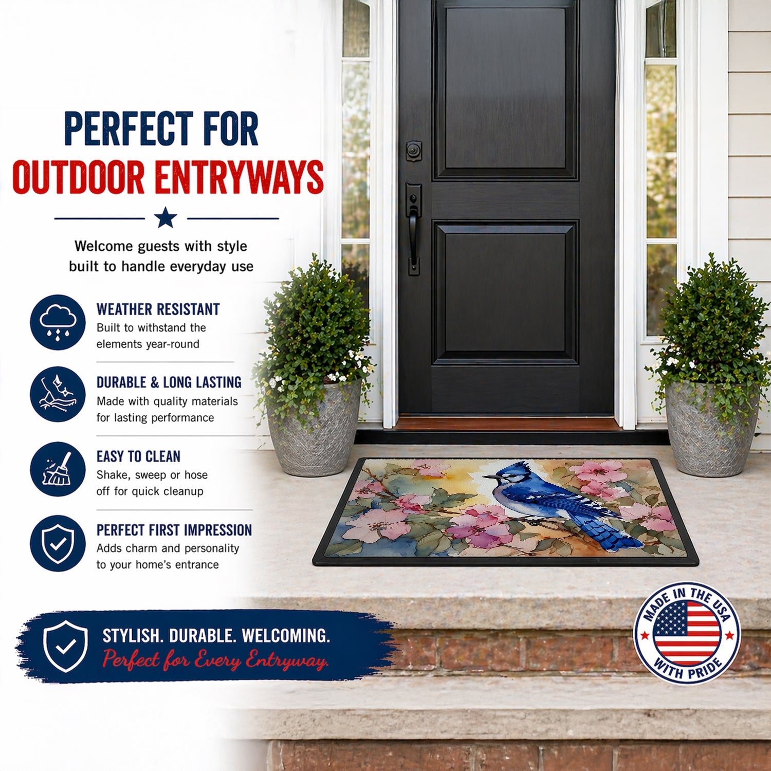 Blue Jay in Floral Doormat Indoor Outdoor 18H X 27W Front Door Mat Rugs for Entryway, Non Slip Washable