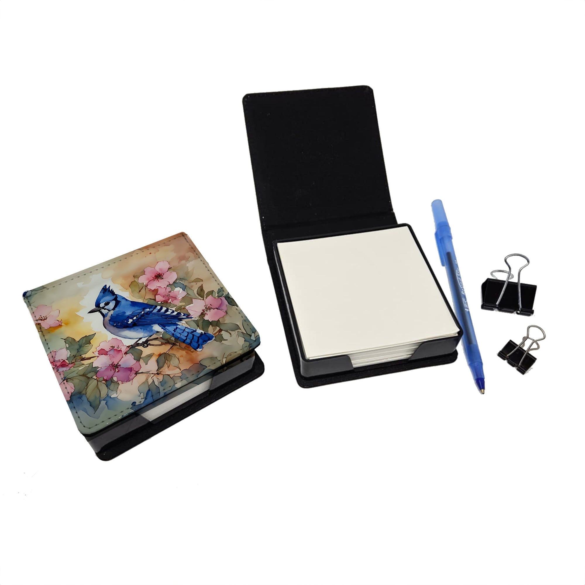 Blue Jay in Floral PU Leather Note Paper Holder with Artist-Designed Cover, Desk Accessory, Office Gift