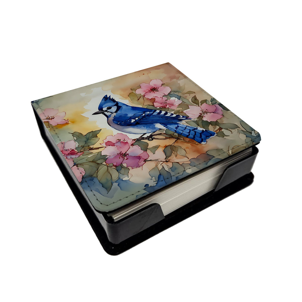 Blue Jay in Floral PU Leather Note Paper Holder with Artist-Designed Cover, Desk Accessory, Office Gift