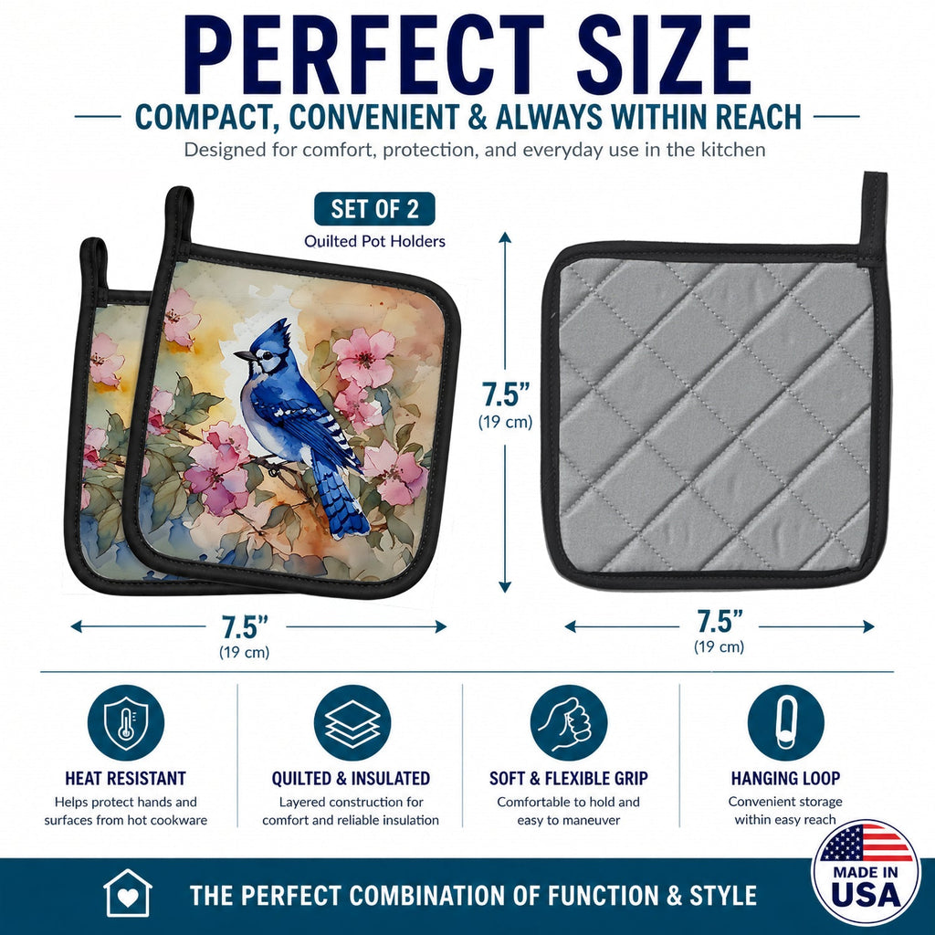 Blue Jay in Floral Pot Holder Set of 2 Heat Resistant Quilted Hot Pads 7.5 x 7.5 Inch, Insulated Kitchen Trivets for Cooking & Baking