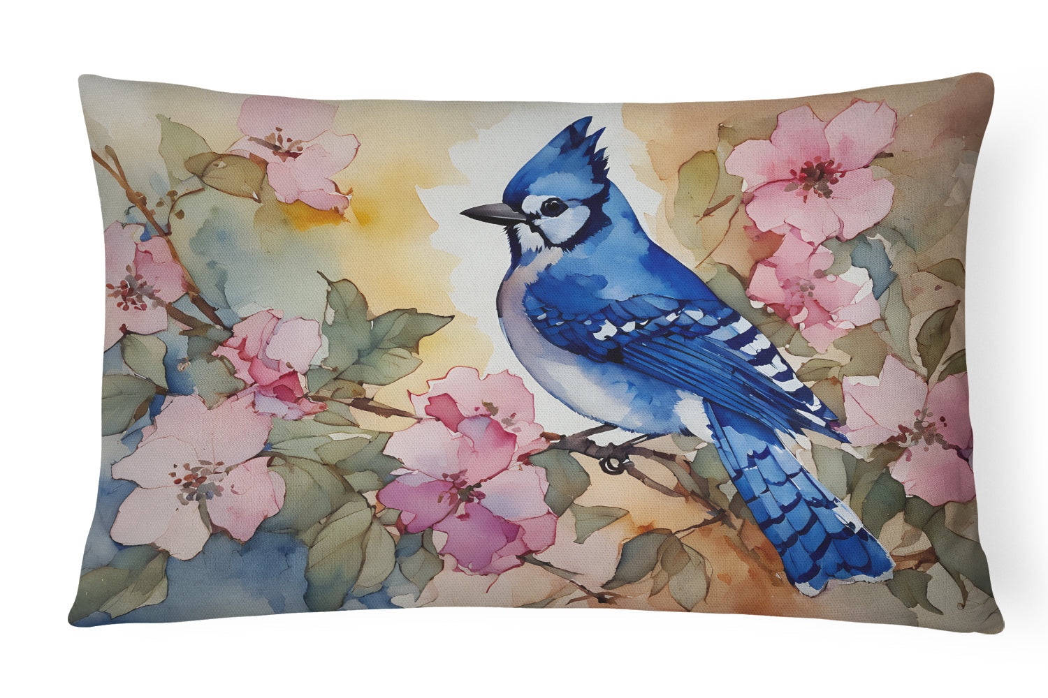 Blue Jay in Floral Decorative Throw Pillow 12x16 Indoor Outdoor Accent Cushion, Fabric Cover with Insert for Sofa, Bed, Porch & Living Room