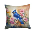 Blue Jay in Floral Decorative Throw Pillow 18x18 Indoor Outdoor Accent Cushion, Fabric Cover with Insert for Sofa, Bed, Porch & Living Room