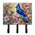 Blue Jay in Floral Leash or Key Holder Wall Hooks, Coat Rack Wall Mount, for Hanging Keys, Towels, Aprons, Leashes