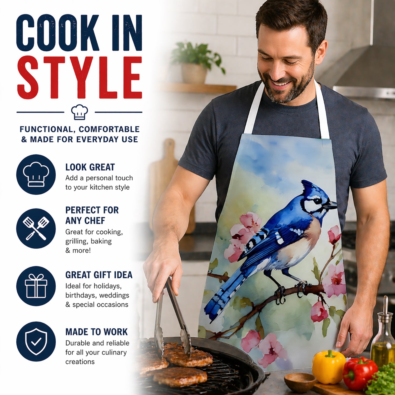 Blue Jay on Blossom Branch Apron Cooking Kitchen Server Baking Crafts Gardening for Adult Women Men, Unisex, Large, Multicolor