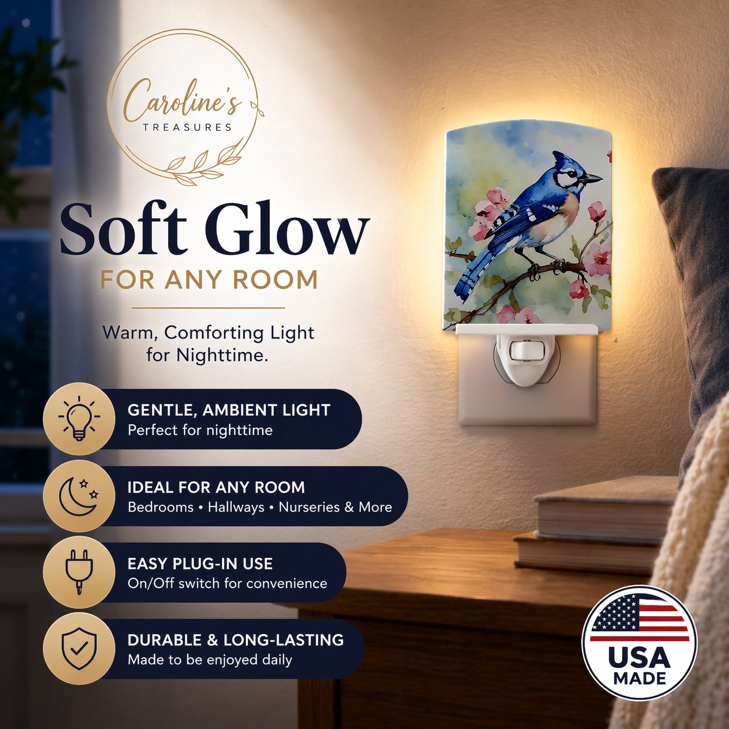 Blue Jay on Blossom Branch Ceramic Night Light Compact, UL-Certified, Ideal for Bedroom, Bathroom, Nursery, Hallway, Kitchen, 6x4x3, Multicolor