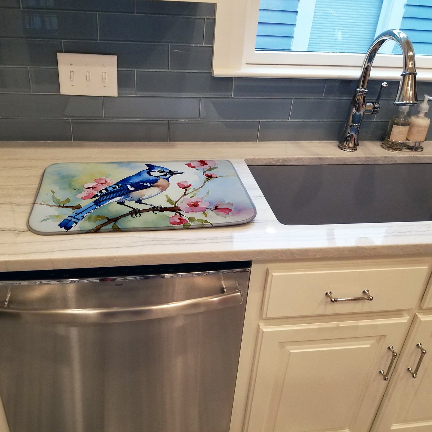 Blue Jay on Blossom Branch Dish Drying Mat Absorbent Dish Drying Mat Pad for Kitchen Counter Dish Drainer Mat for Countertop, 14 x 21", Multicolor