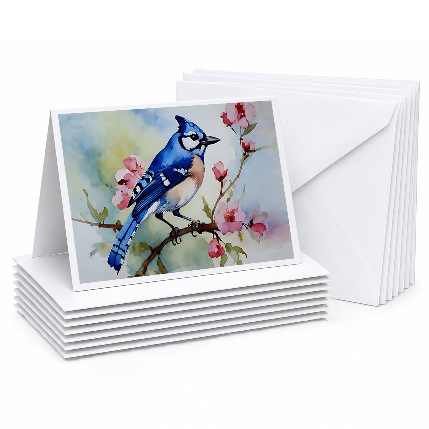 Blue Jay on Blossom Branch Greeting Cards Pack of 8 Blank Cards with Envelopes Whimsical A7 Size 5x7