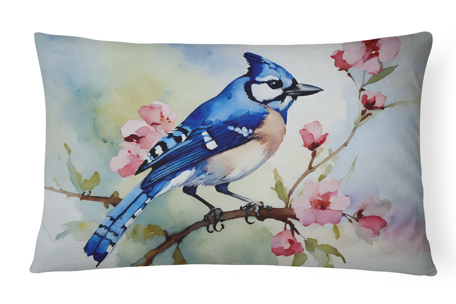 Blue Jay on Blossom Branch Decorative Throw Pillow 12x16 Indoor Outdoor Accent Cushion, Fabric Cover with Insert for Sofa, Bed, Porch & Living Room