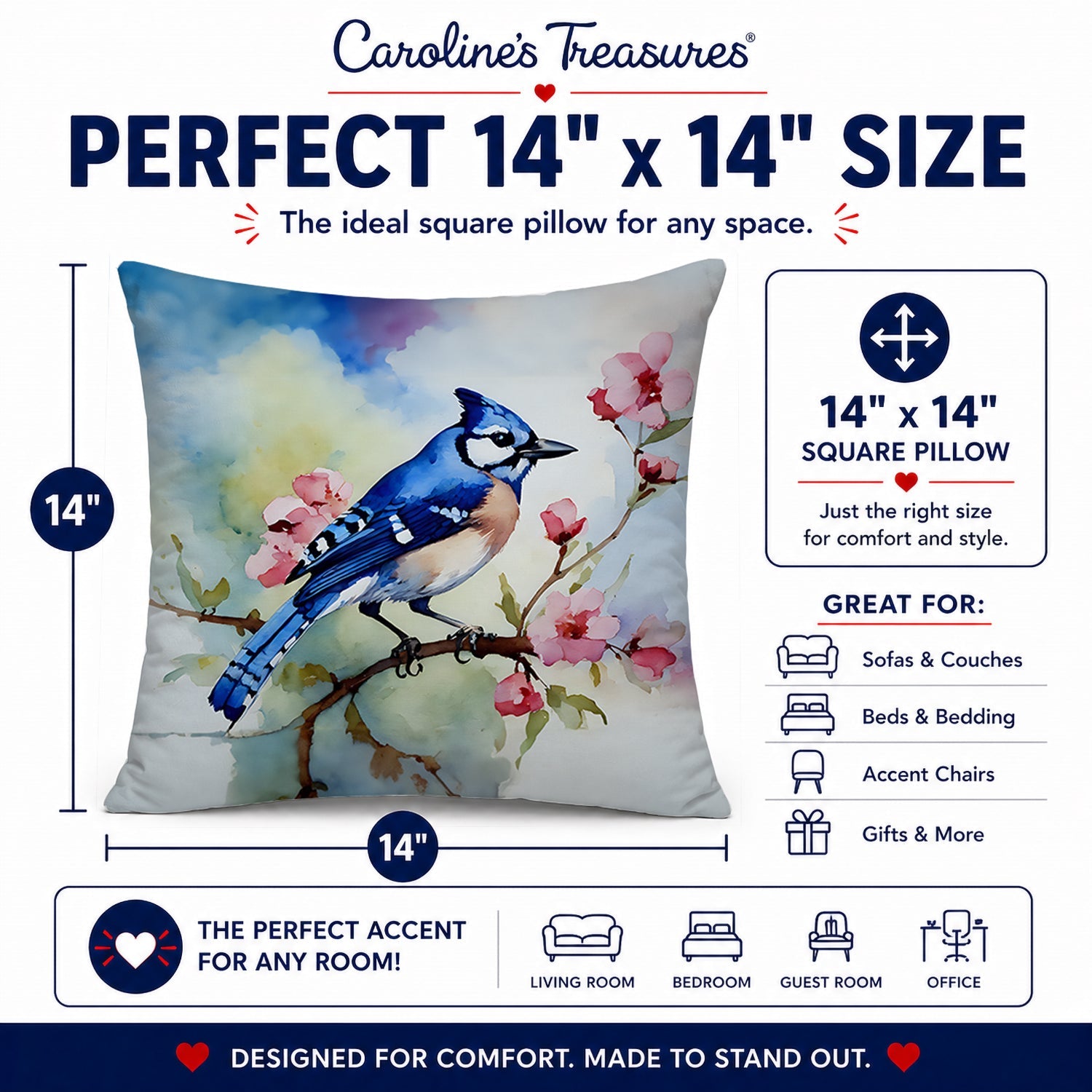 Blue Jay on Blossom Branch Decorative Throw Pillow 14x14 Indoor Outdoor Accent Cushion, Fabric Cover with Insert for Sofa, Bed, Porch & Living Room