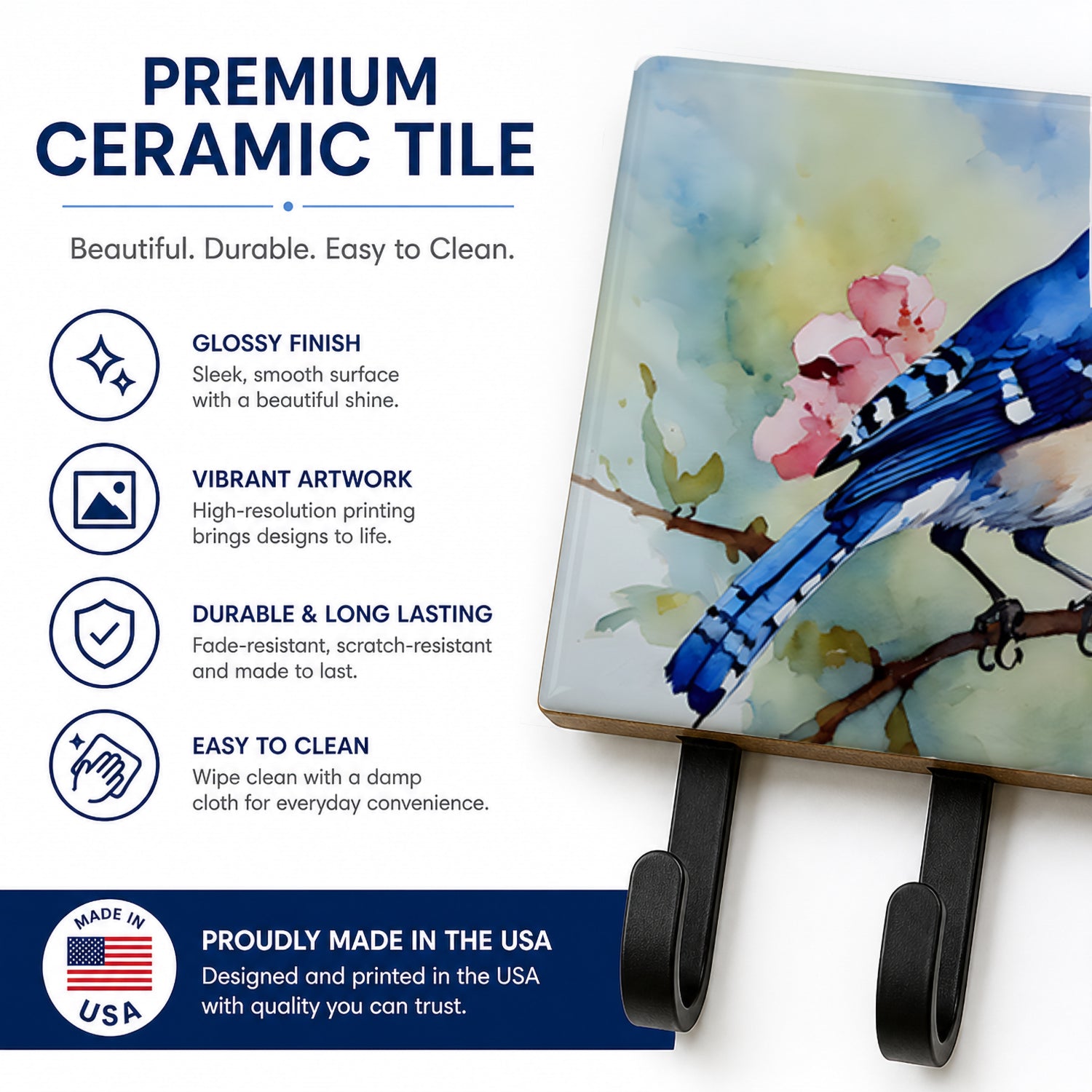Blue Jay on Blossom Branch Leash or Key Holder Wall Hooks, Coat Rack Wall Mount, for Hanging Keys, Towels, Aprons, Leashes