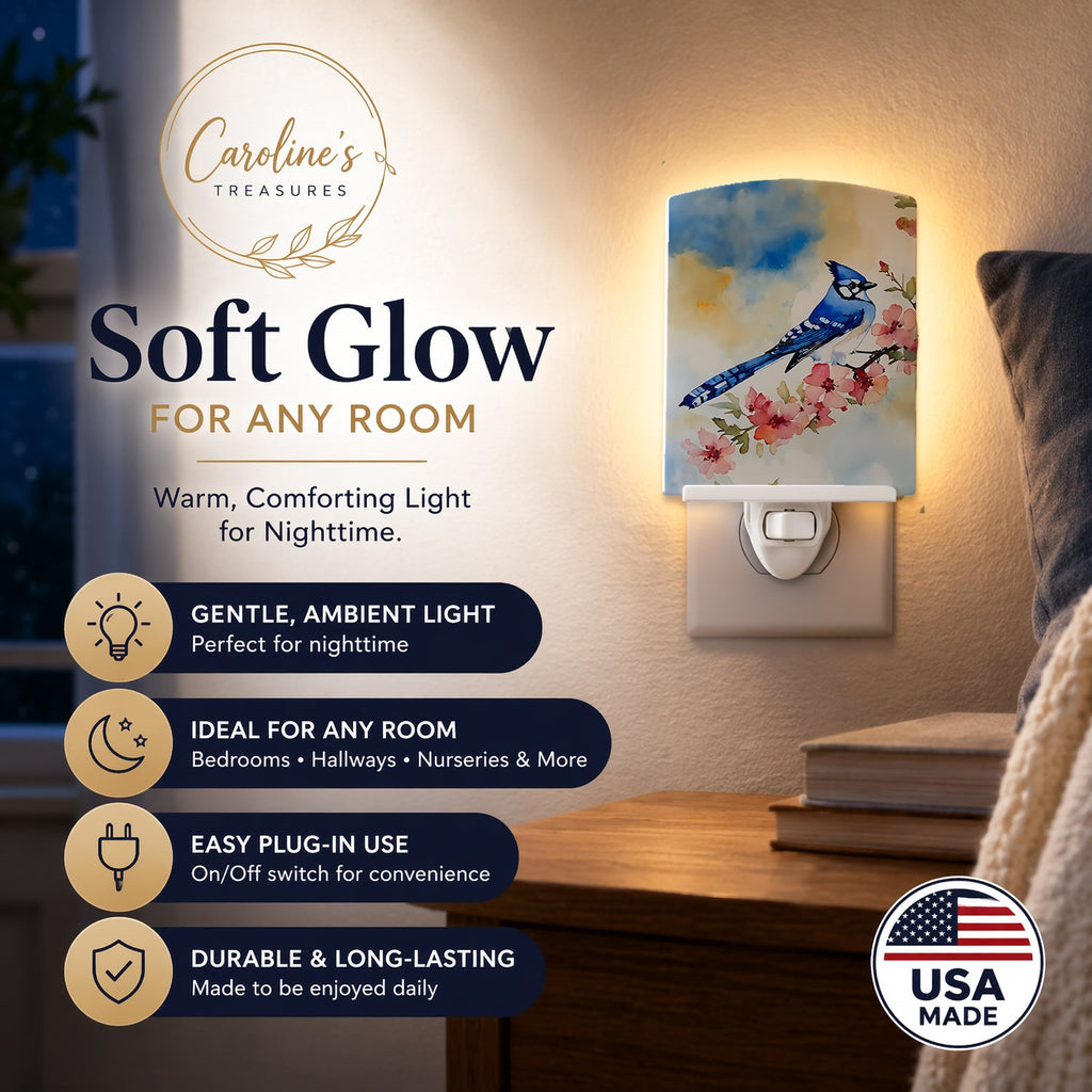 Blue Jay Spring Garden Scene Ceramic Night Light Compact, UL-Certified, Ideal for Bedroom, Bathroom, Nursery, Hallway, Kitchen, 6x4x3, Multicolor
