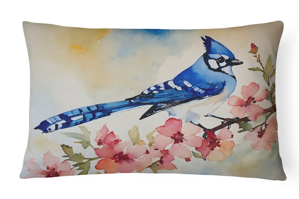 Blue Jay Spring Garden Scene Decorative Throw Pillow 12x16 Indoor Outdoor Accent Cushion, Fabric Cover with Insert for Sofa, Bed, Porch & Living Room