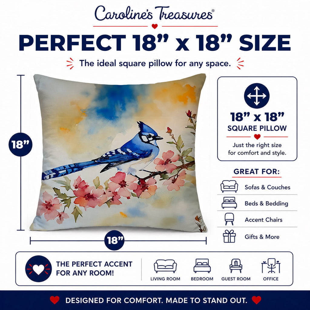 Blue Jay Spring Garden Scene Decorative Throw Pillow 18x18 Indoor Outdoor Accent Cushion, Fabric Cover with Insert for Sofa, Bed, Porch & Living Room