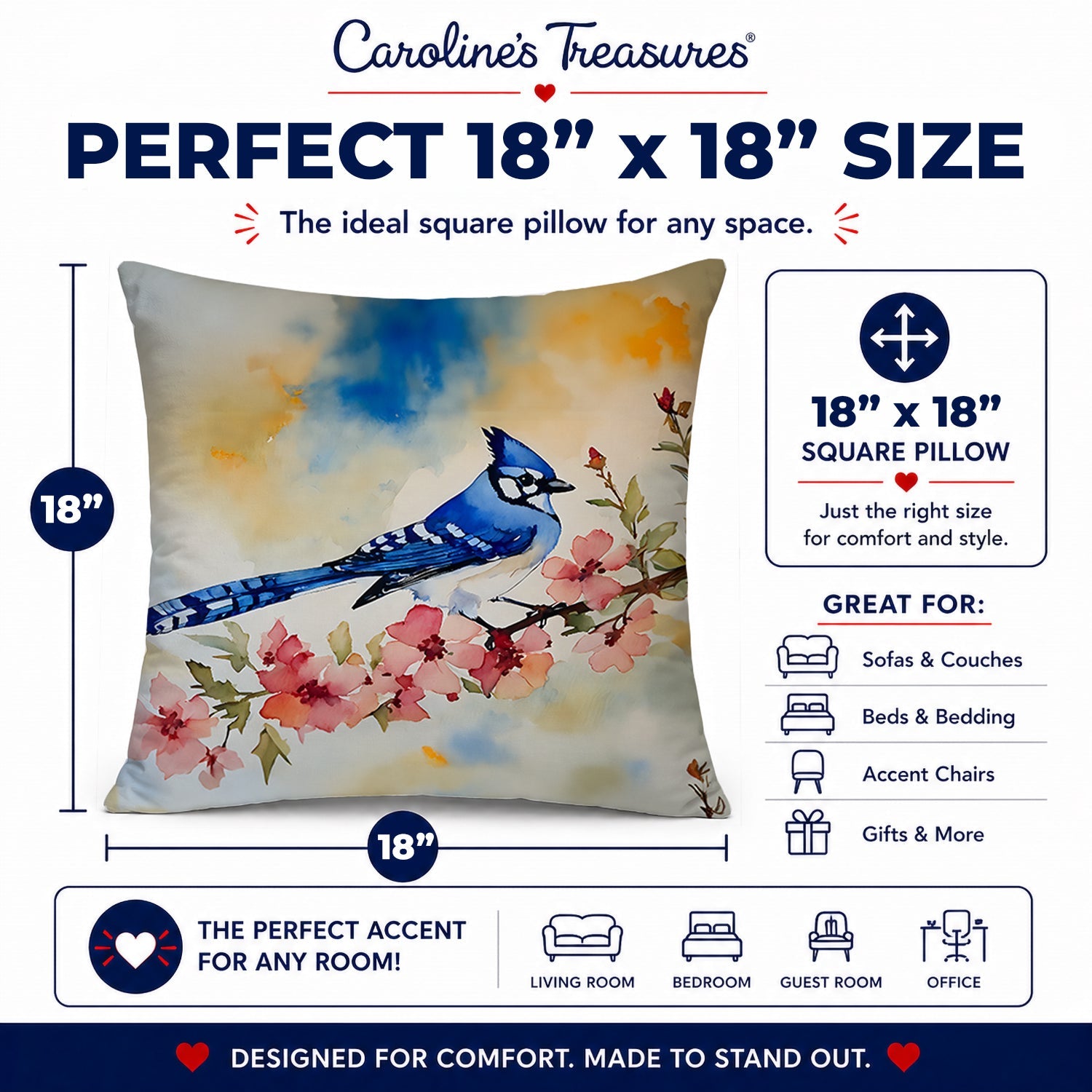 Blue Jay Spring Garden Scene Decorative Throw Pillow 18x18 Indoor Outdoor Accent Cushion, Fabric Cover with Insert for Sofa, Bed, Porch & Living Room