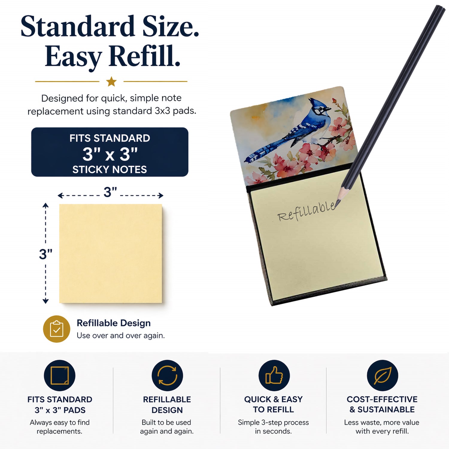 Blue Jay Spring Garden Scene Watercolor Sticky Note Holder Refillable Dispenser Desk Accessory 3x3 Pad Gift