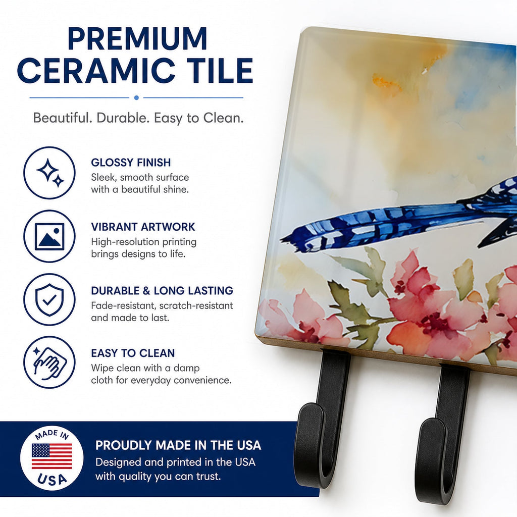 Blue Jay Spring Garden Scene Leash or Key Holder Wall Hooks, Coat Rack Wall Mount, for Hanging Keys, Towels, Aprons, Leashes