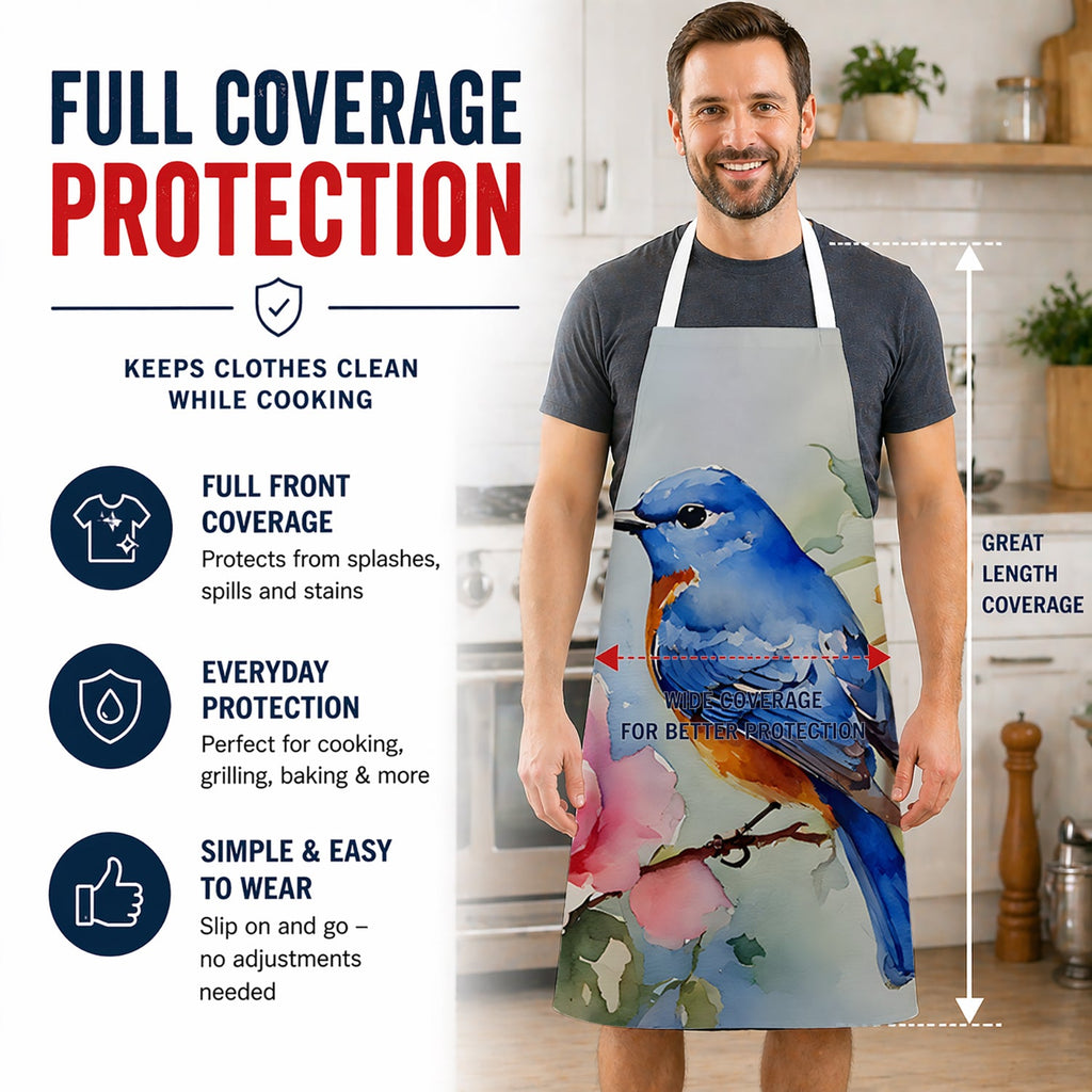 Bluebird with Flower Bloom Apron Cooking Kitchen Server Baking Crafts Gardening for Adult Women Men, Unisex, Large, Multicolor