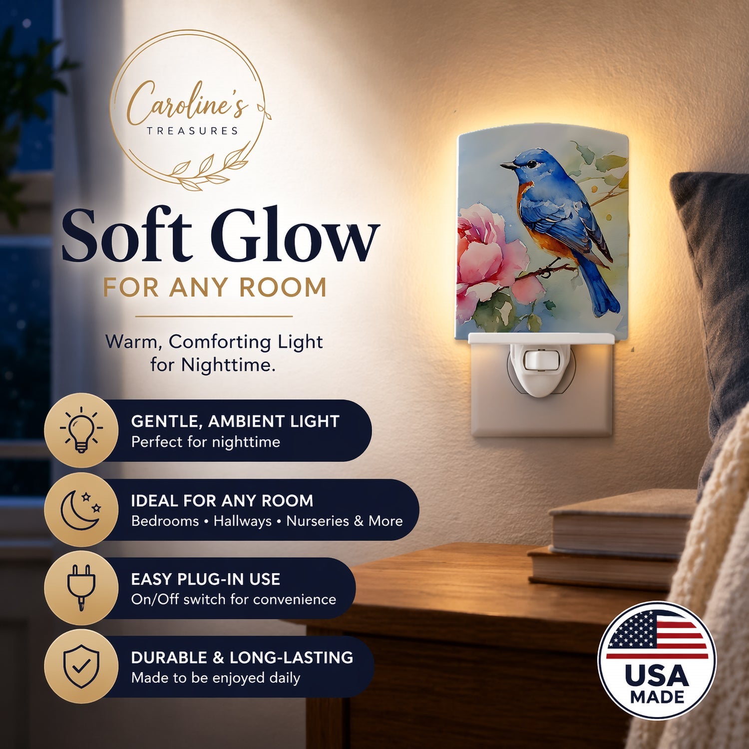 Bluebird with Flower Bloom Ceramic Night Light Compact, UL-Certified, Ideal for Bedroom, Bathroom, Nursery, Hallway, Kitchen, 6x4x3, Multicolor