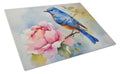 Bluebird with Flower Bloom Cutting Board Tempered Glass Kitchen Cutting Surface, Heat Resistant Chopping, Non-Slip Feet, Food Prep & Serving
