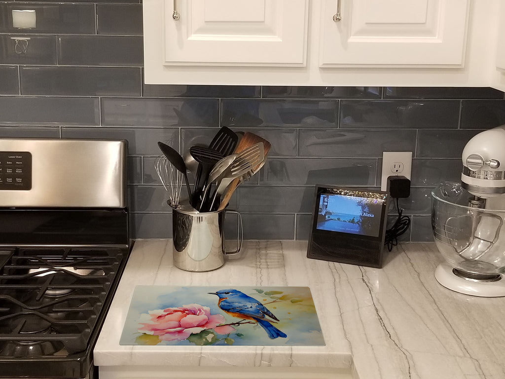 Bluebird with Flower Bloom Cutting Board Tempered Glass Kitchen Cutting Surface, Heat Resistant Chopping, Non-Slip Feet, Food Prep & Serving