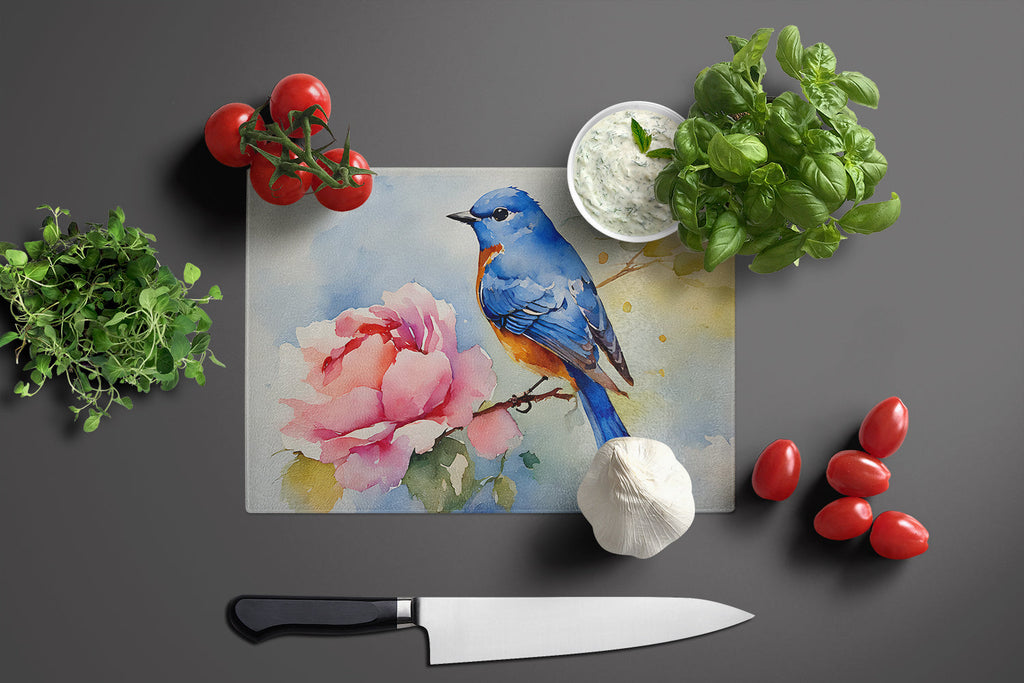 Bluebird with Flower Bloom Cutting Board Tempered Glass Kitchen Cutting Surface, Heat Resistant Chopping, Non-Slip Feet, Food Prep & Serving