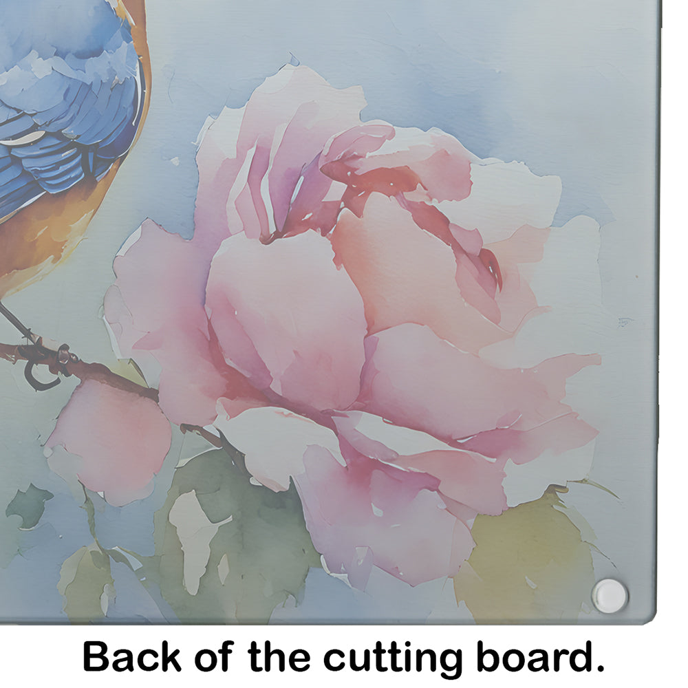 Bluebird with Flower Bloom Cutting Board Tempered Glass Kitchen Cutting Surface, Heat Resistant Chopping, Non-Slip Feet, Food Prep & Serving