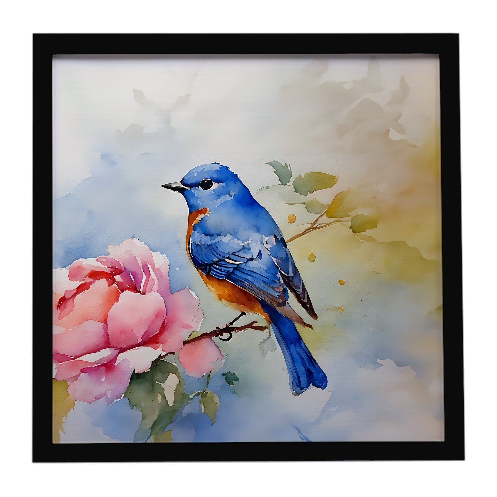 Bluebird with Flower Bloom Framed Metal Print Bathroom, Kitchen, Office, Home Decor Wall Art Ready to Hang, Square, 8X8