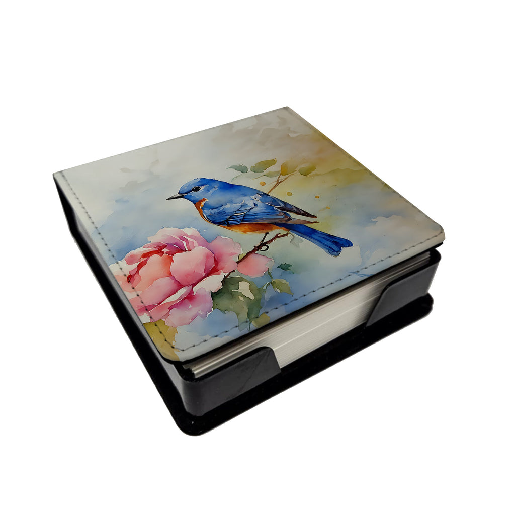 Bluebird with Flower Bloom PU Leather Note Paper Holder with Artist-Designed Cover, Desk Accessory, Office Gift