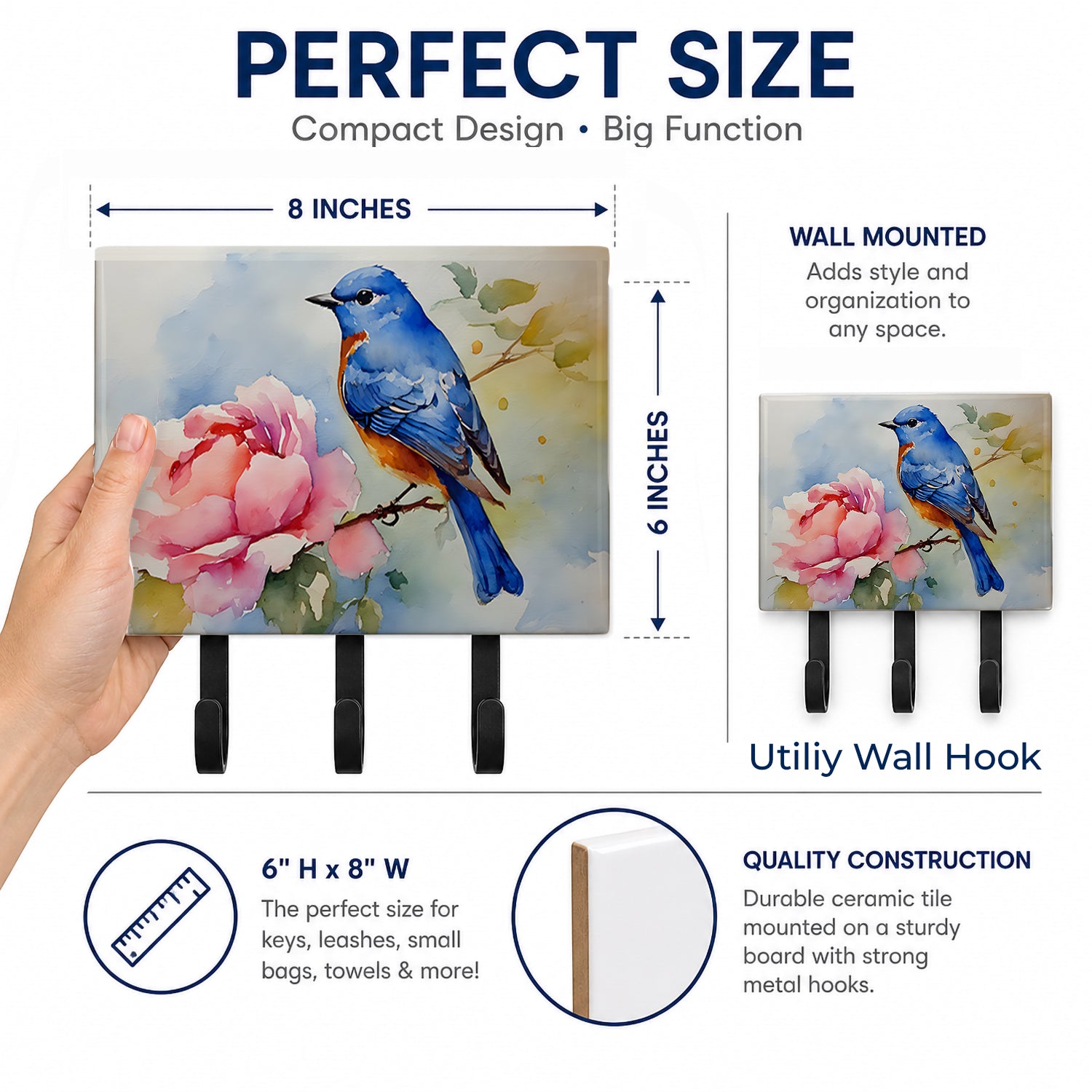 Bluebird with Flower Bloom Leash or Key Holder Wall Hooks, Coat Rack Wall Mount, for Hanging Keys, Towels, Aprons, Leashes