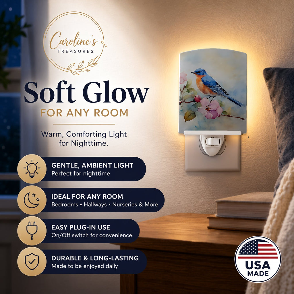 Bluebird on Blossom Branch Ceramic Night Light Compact, UL-Certified, Ideal for Bedroom, Bathroom, Nursery, Hallway, Kitchen, 6x4x3, Multicolor