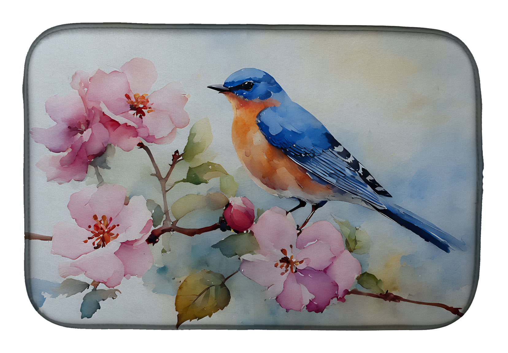 Bluebird on Blossom Branch Dish Drying Mat Absorbent Dish Drying Mat Pad for Kitchen Counter Dish Drainer Mat for Countertop, 14 x 21", Multicolor