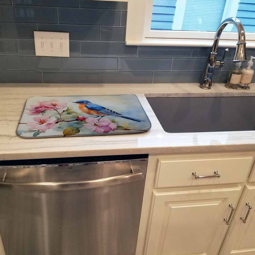 Bluebird on Blossom Branch Dish Drying Mat Absorbent Dish Drying Mat Pad for Kitchen Counter Dish Drainer Mat for Countertop, 14 x 21", Multicolor