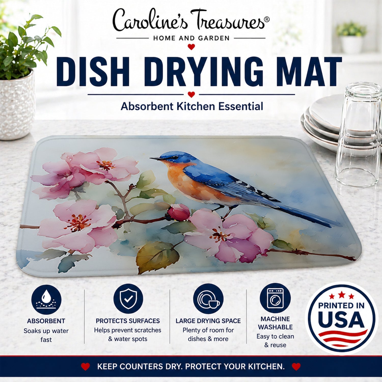 Bluebird on Blossom Branch Dish Drying Mat Absorbent Dish Drying Mat Pad for Kitchen Counter Dish Drainer Mat for Countertop, 14 x 21", Multicolor