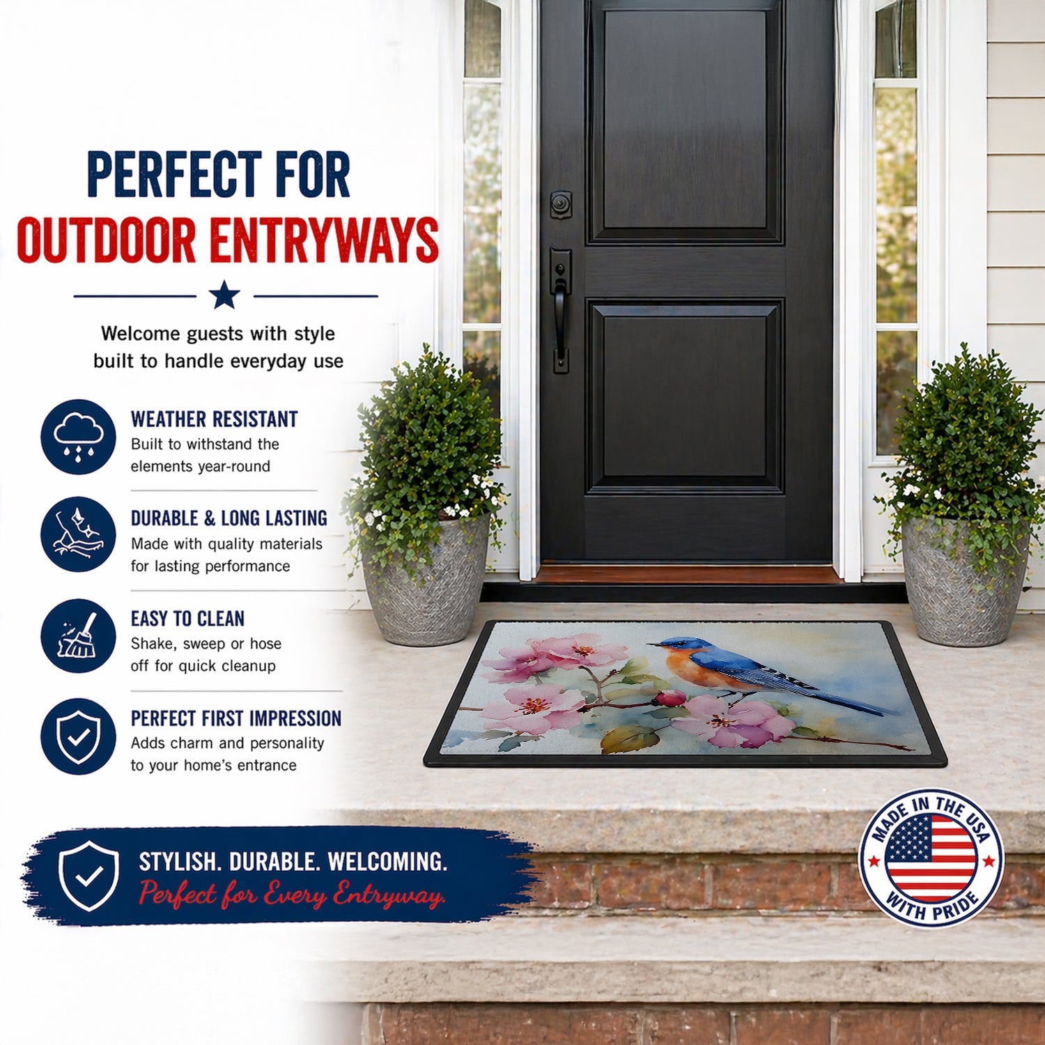 Bluebird on Blossom Branch Doormat Indoor Outdoor 24H X 36W Front Door Mat Rugs for Entryway, Non Slip Washable Low Pile,