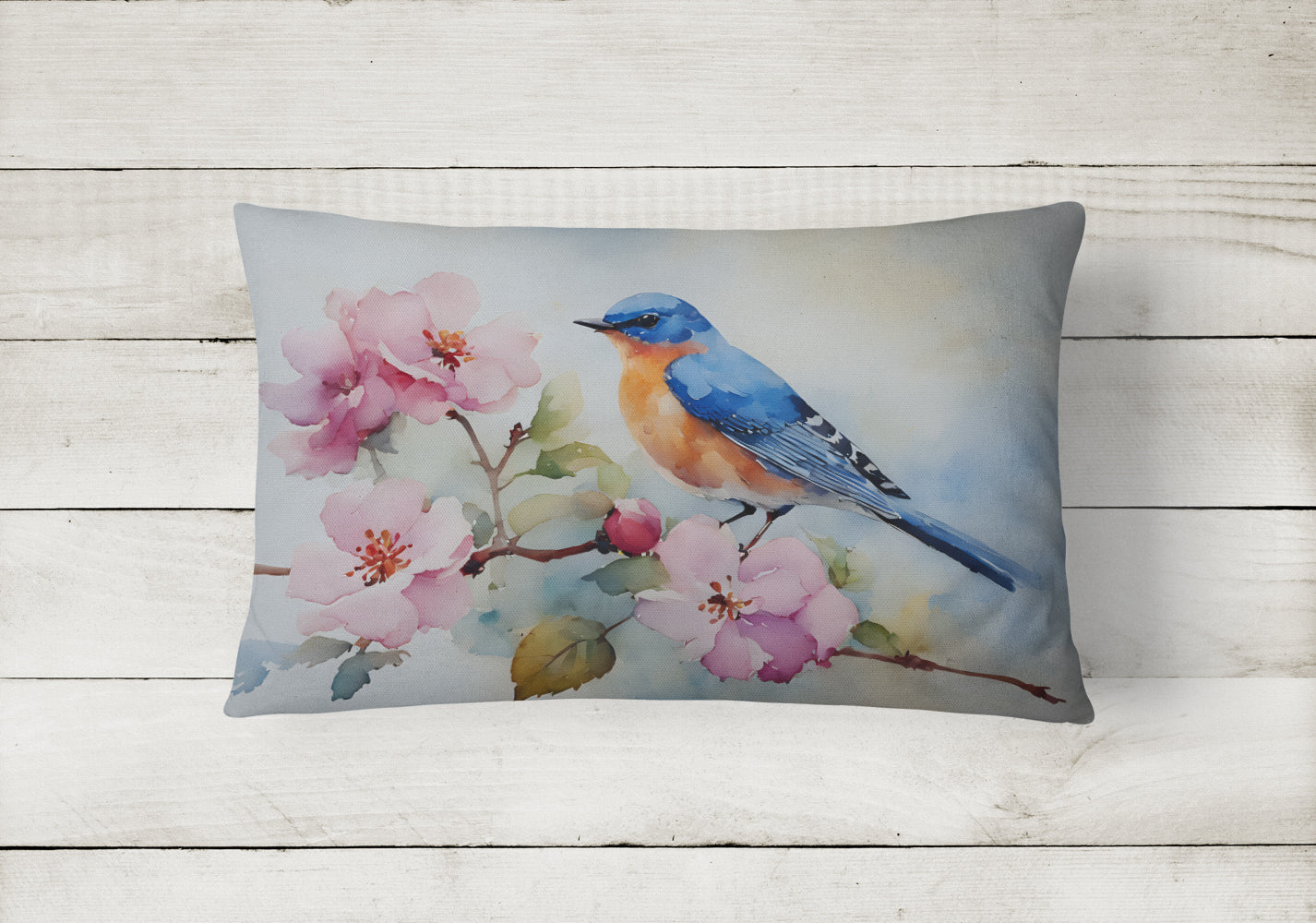 Bluebird on Blossom Branch Decorative Throw Pillow 12x16 Indoor Outdoor Accent Cushion, Fabric Cover with Insert for Sofa, Bed, Porch & Living Room