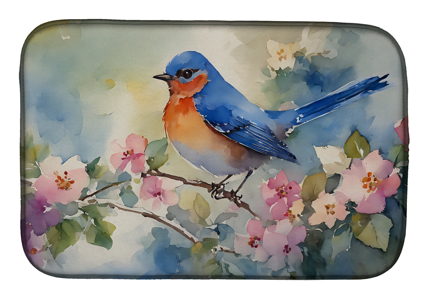 Eastern Bluebird on Blossom Branch Dish Drying Mat Absorbent Dish Drying Mat Pad for Kitchen Counter Dish Drainer Mat for Countertop, 14 x 21", Multicolor