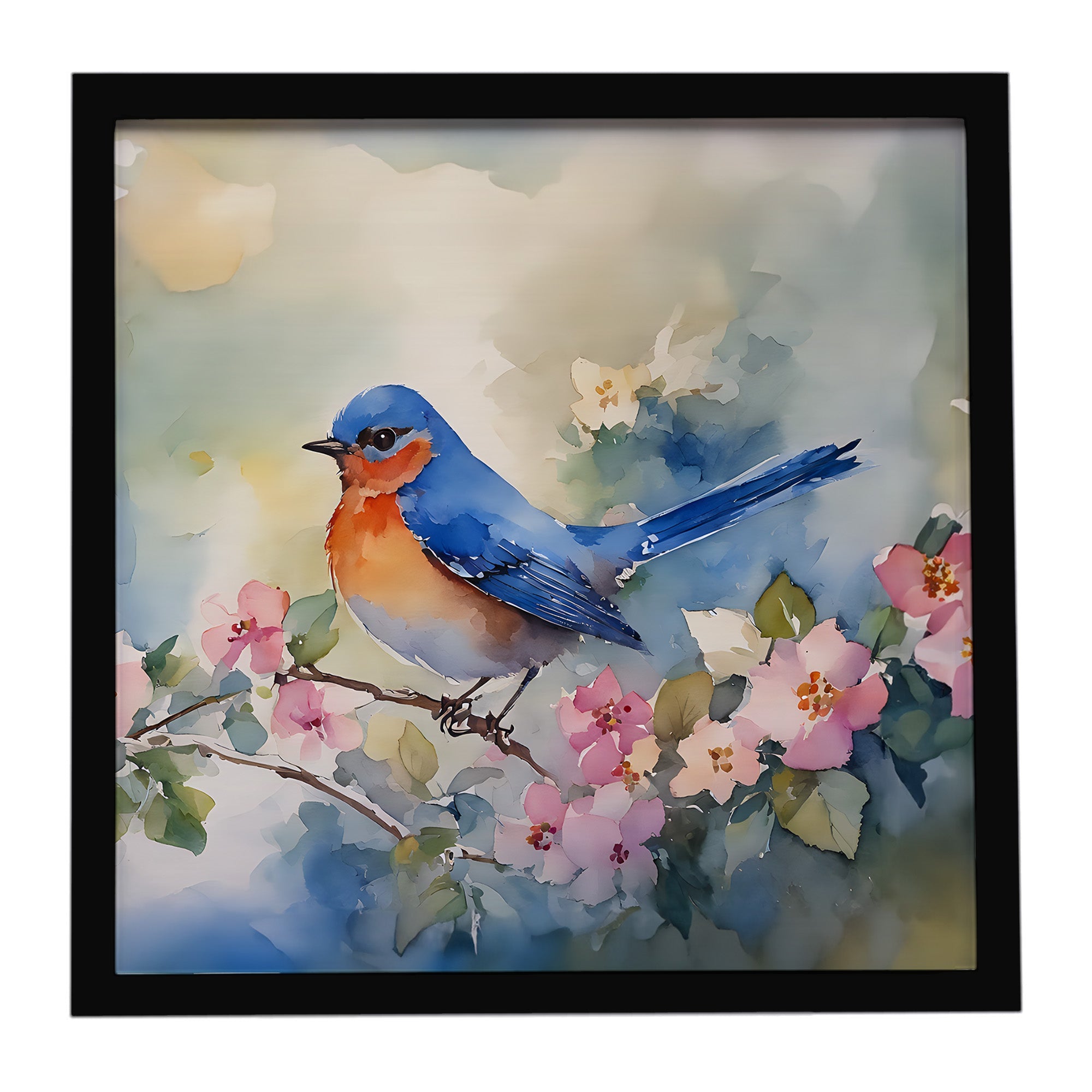 Eastern Bluebird on Blossom Branch Framed Metal Print Bathroom, Kitchen, Office, Home Decor Wall Art Ready to Hang, Square, 8X8