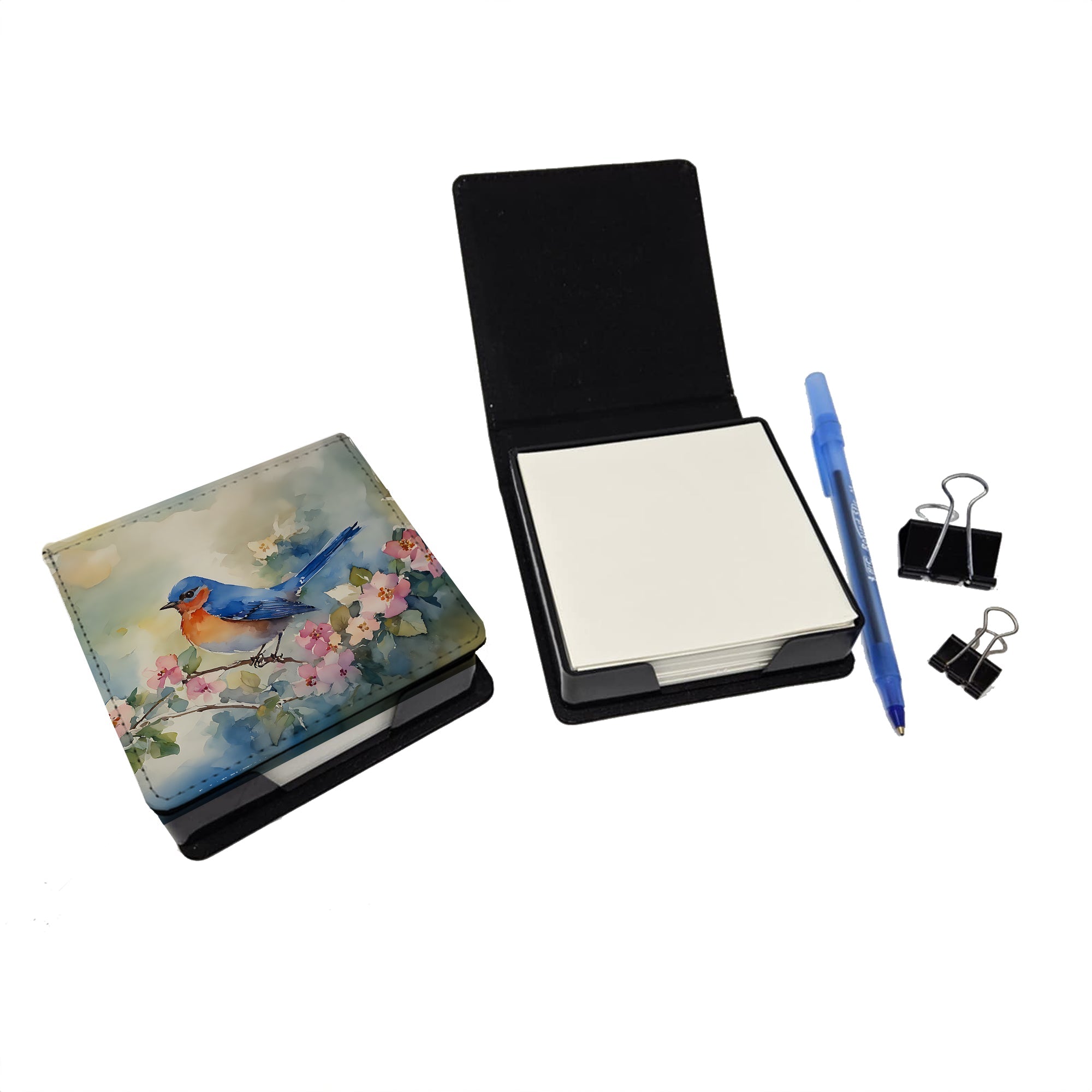 Eastern Bluebird on Blossom Branch PU Leather Note Paper Holder with Artist-Designed Cover, Desk Accessory, Office Gift