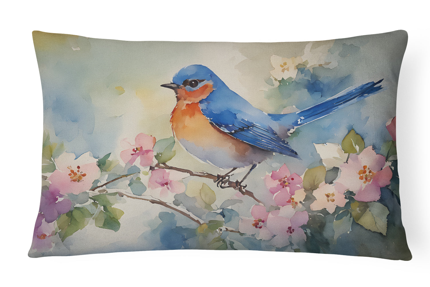Eastern Bluebird on Blossom Branch Decorative Throw Pillow 12x16 Indoor Outdoor Accent Cushion, Fabric Cover with Insert for Sofa, Bed, Porch & Living Room