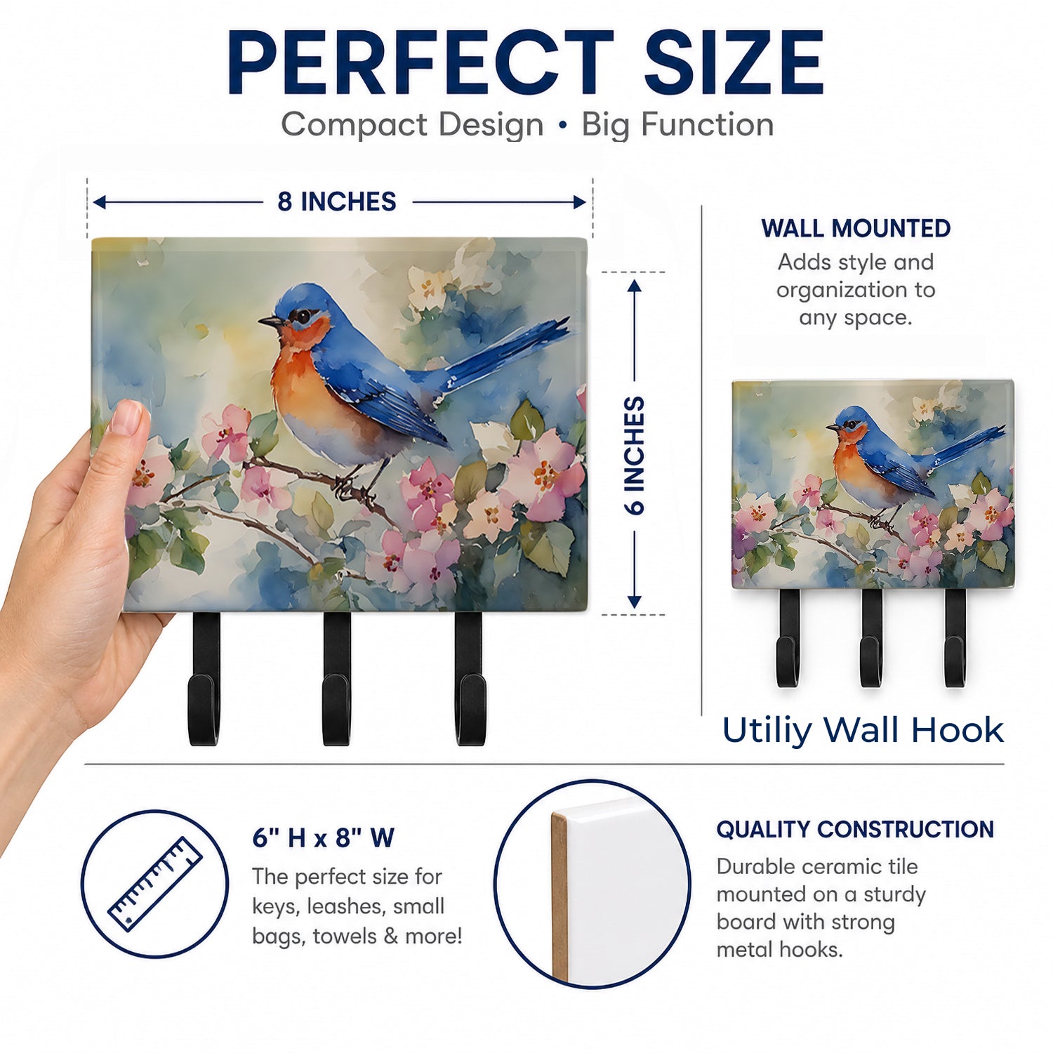 Eastern Bluebird on Blossom Branch Leash or Key Holder Wall Hooks, Coat Rack Wall Mount, for Hanging Keys, Towels, Aprons, Leashes